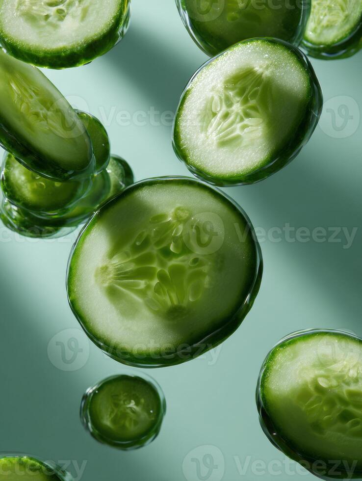 Cucumber Slices Float Gently Against a Soft Background, Creating a Serene Visual Experience Perfect for Wellness and Refreshment Themes photo
