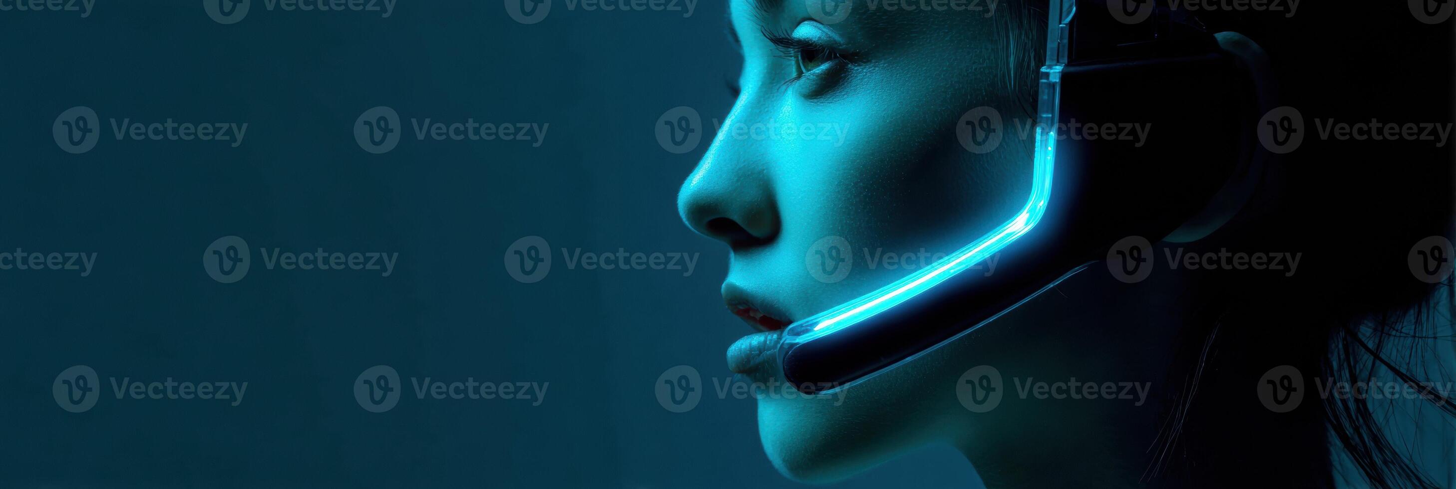 Real-time Translation Headset in Use While a Person Listens Attentively in a Minimalistic Setting During an Evening Event photo
