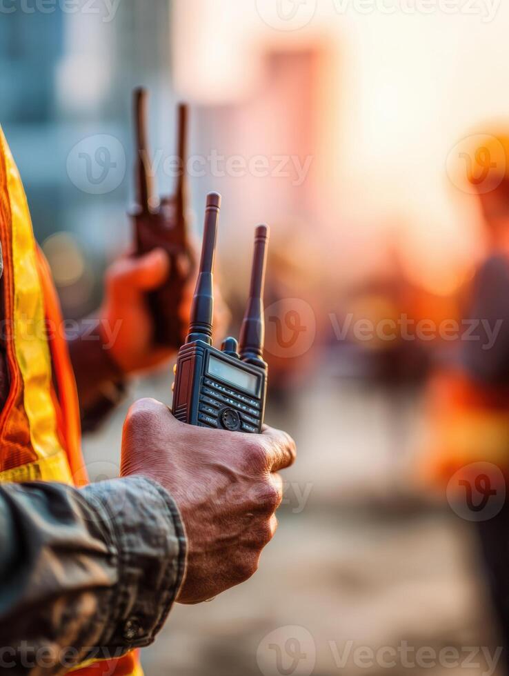 Teamwork in Action as Man Communicates Using Walkie-Talkie on Construction Site During Sunset With Blurred Background and Side View Composition photo