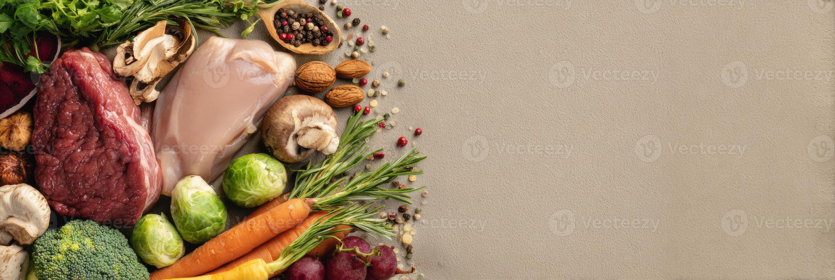 Premium Meat and Fresh Vegetables for Pets Displayed on a Neutral Background With Ample Upper Margin Space for Branding or Text photo