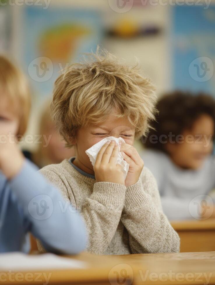 Children Engaging in Classroom Activities With One Child Sneezing and Classmates Responding in a Lively Learning Environment photo
