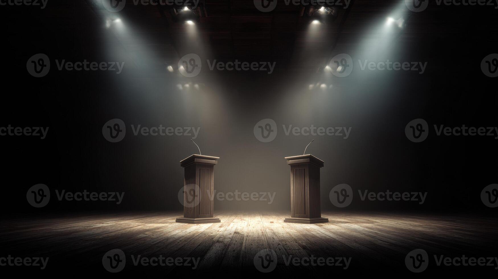 Political Debate Stage Setup With Spotlights Illuminating Empty Podiums in a Spacious Venue photo