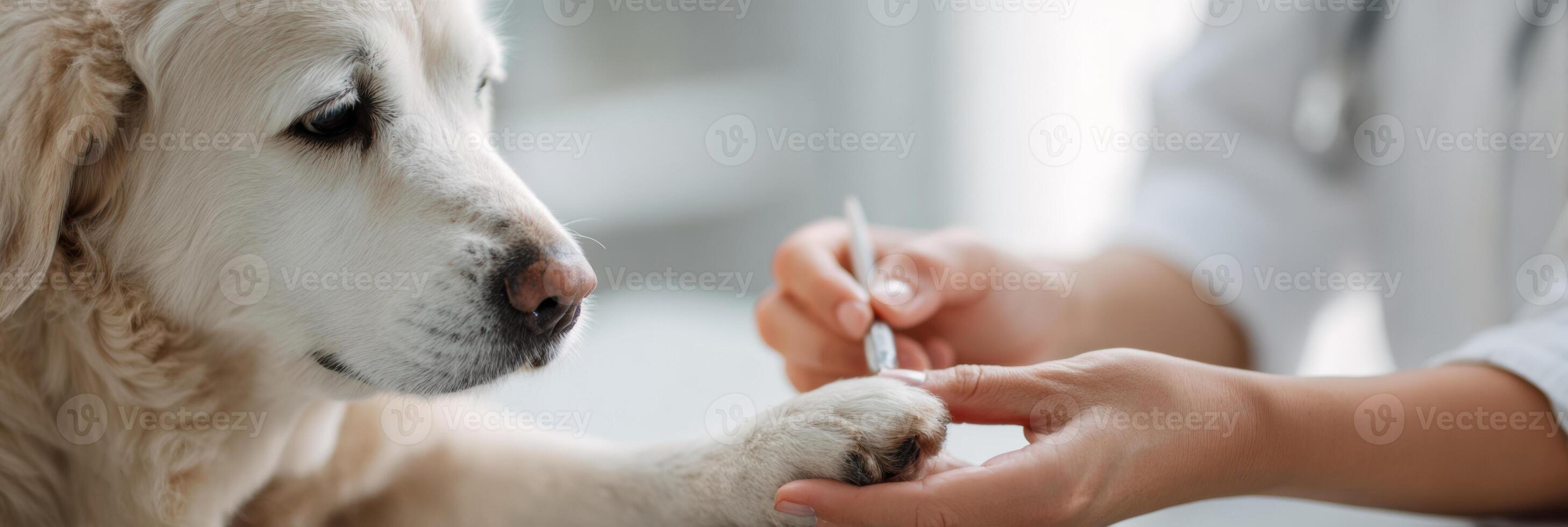 Vet Trimming Dogs Nails in a Modern Clinic With a Soft-Focus Background Creating a Calm Environment for the Pet photo