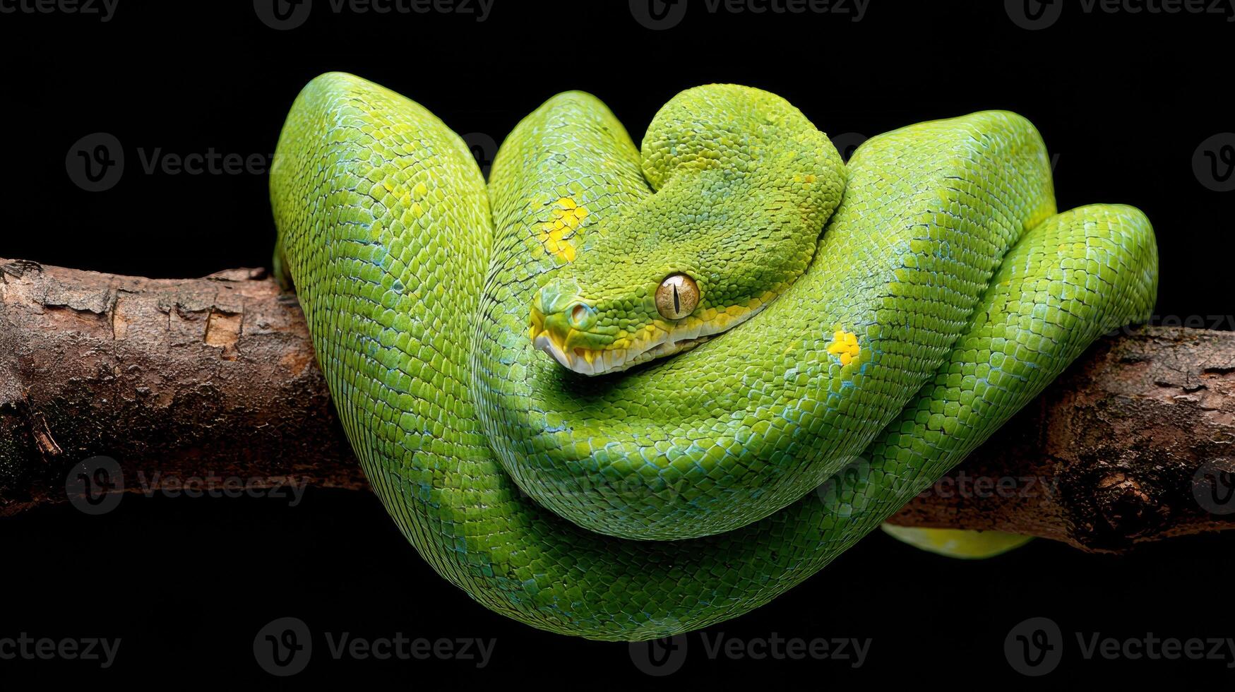 Bright Green Tree Python Resting on a Branch With a Dark Background Showcasing Its Vibrant Colors and Intricate Patterns photo