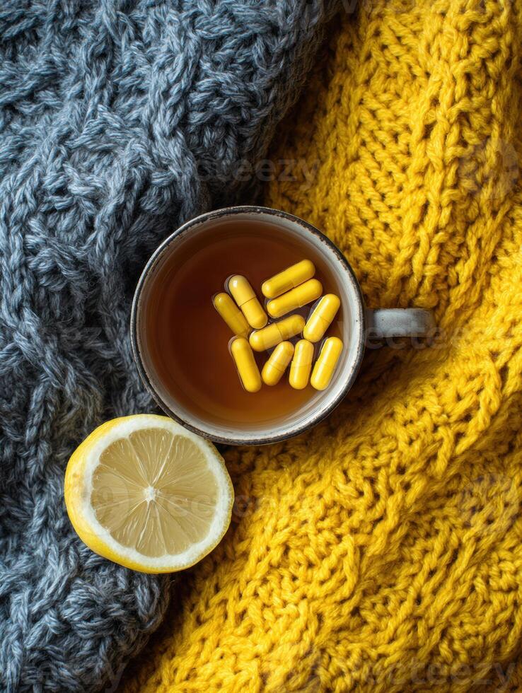 Cozy Setting With a Cup of Tea and Vitamins on a Knitted Texture Background During a Quiet Afternoon photo