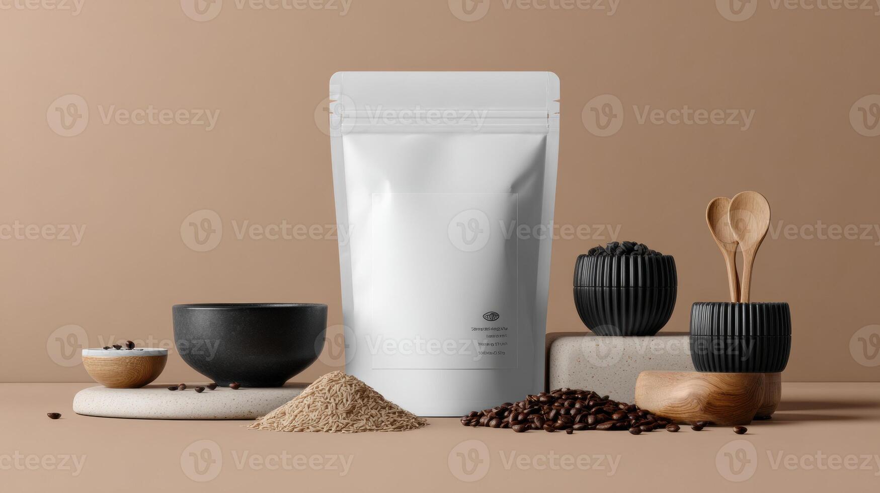 Minimalist Packaging Pouch Mockup With Coffee Elements on a Neutral Backdrop, Styled With Props for Branding photo