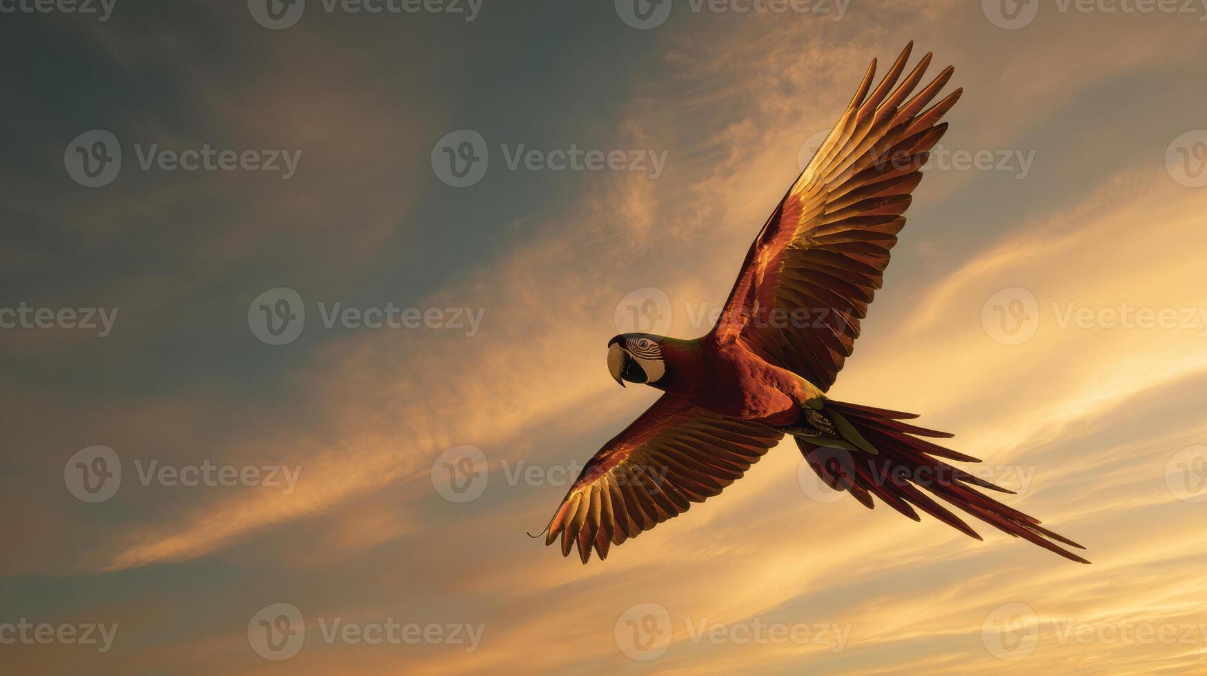 Macaw Soaring Gracefully Through a Vibrant Sunset Sky With Soft Clouds on the Horizon photo