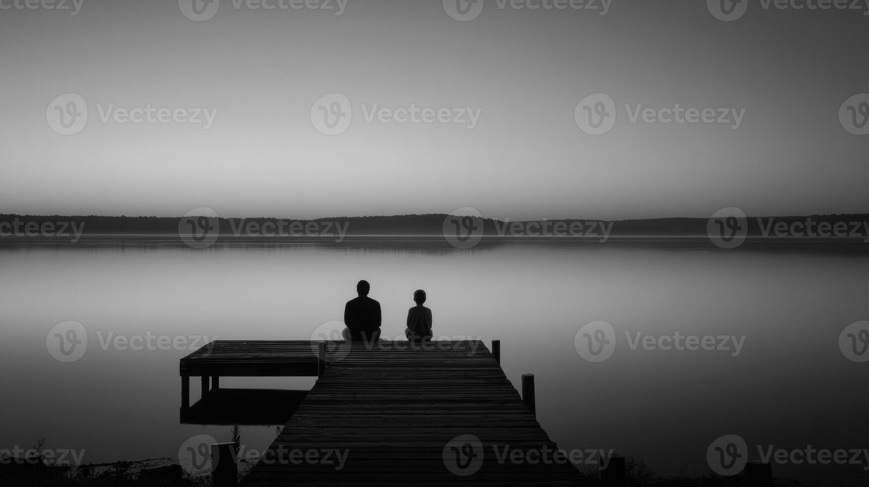 Father and Teenager Share a Quiet Moment on a Dock by the Tranquil Lake at Dusk, Enjoying a Peaceful Reflection Together photo