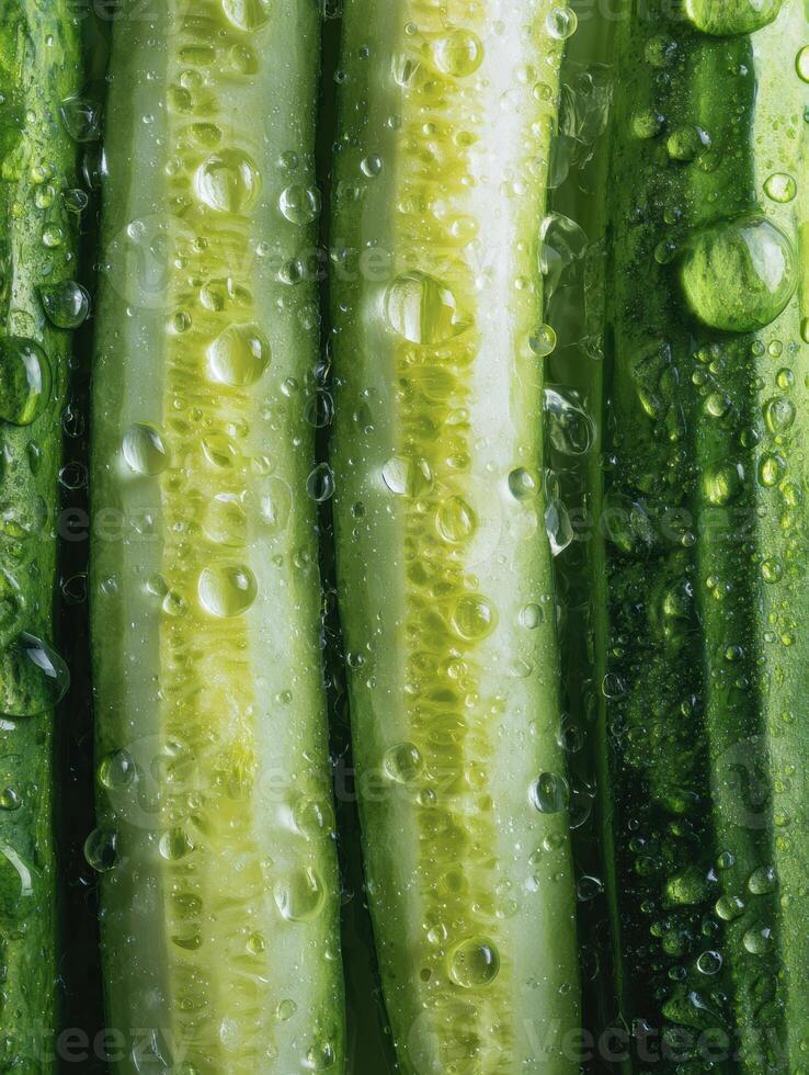 Fresh-cut Cucumbers With Water Droplets Glistening Under Natural Light Create a Vibrant Green Display in the Kitchen photo