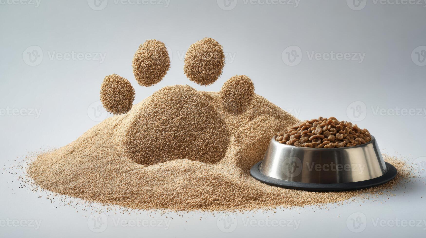 Creative Grain Pile Shaped Like a Paw Next to a Food Bowl on a Light Background photo