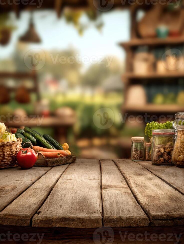 Stylized Farm-To-Table Display Showcasing Fresh Vegetables and Jars of Local Produce in a Cozy, Blurred Background Setting photo