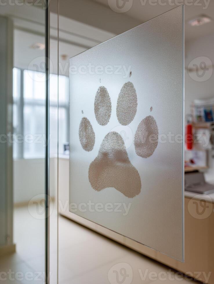 Dog Paw Print on Glass Wall in Veterinary Clinic Showcasing Interior Environment and Minimalistic Design photo