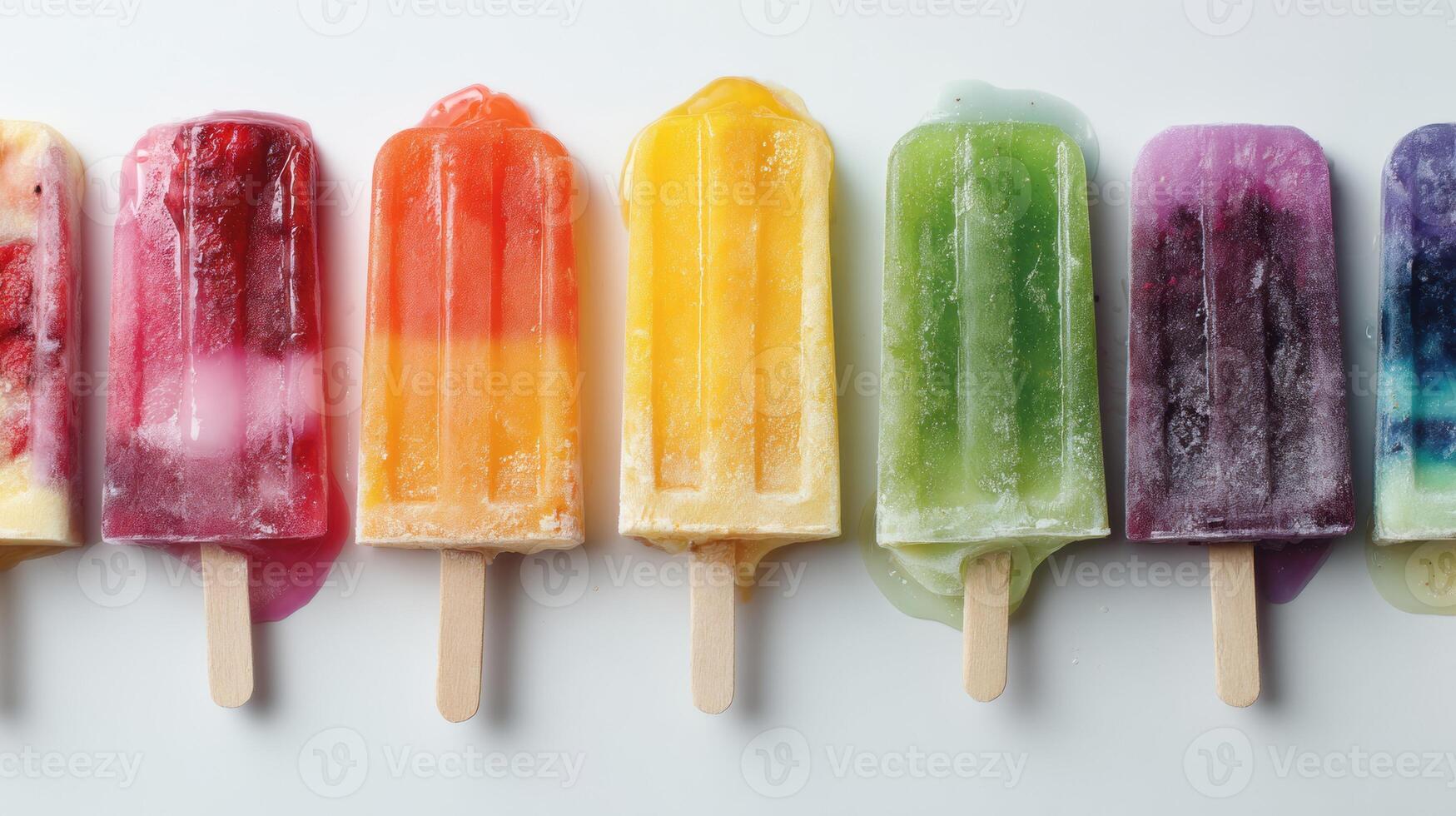 Colorful Fruit Popsicles Melting Under Studio Light in a Creative Kitchen Setting Showcasing Vibrant Hues and Refreshing Summer Treats photo