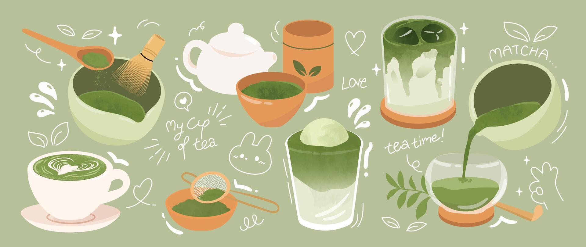 Matcha tea preparation and serving elements vector