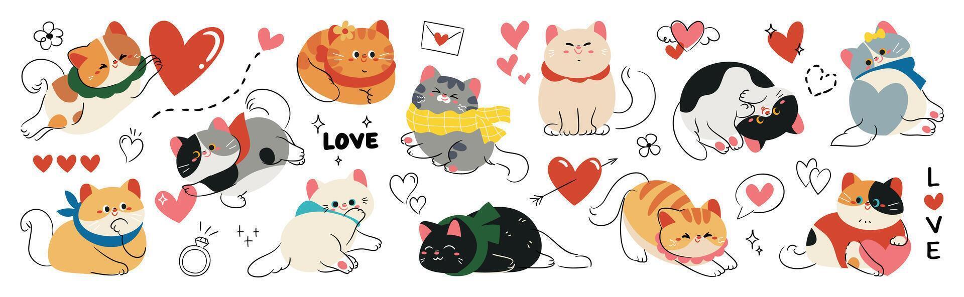 Cute cats with hearts and love illustrations vector