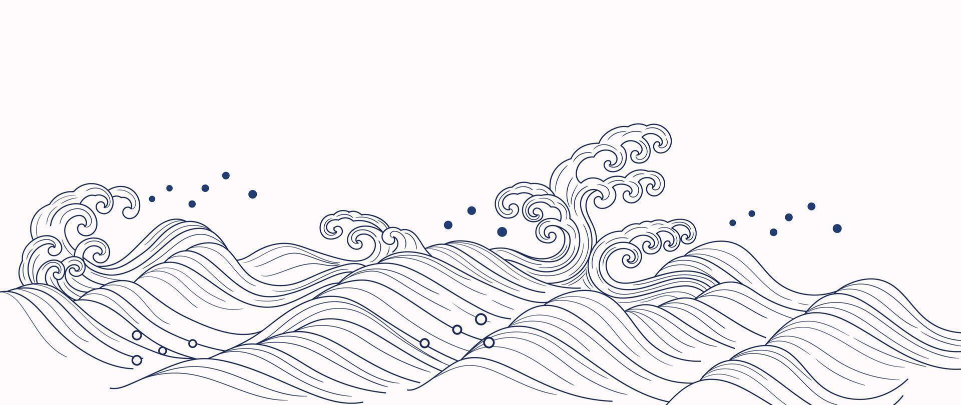 Japanese blue wave background. Hand drawn wallpaper with blue and white ocean wave pattern backdrop. Modern luxury oriental illustration for cover, banner, website, decor, border. vector