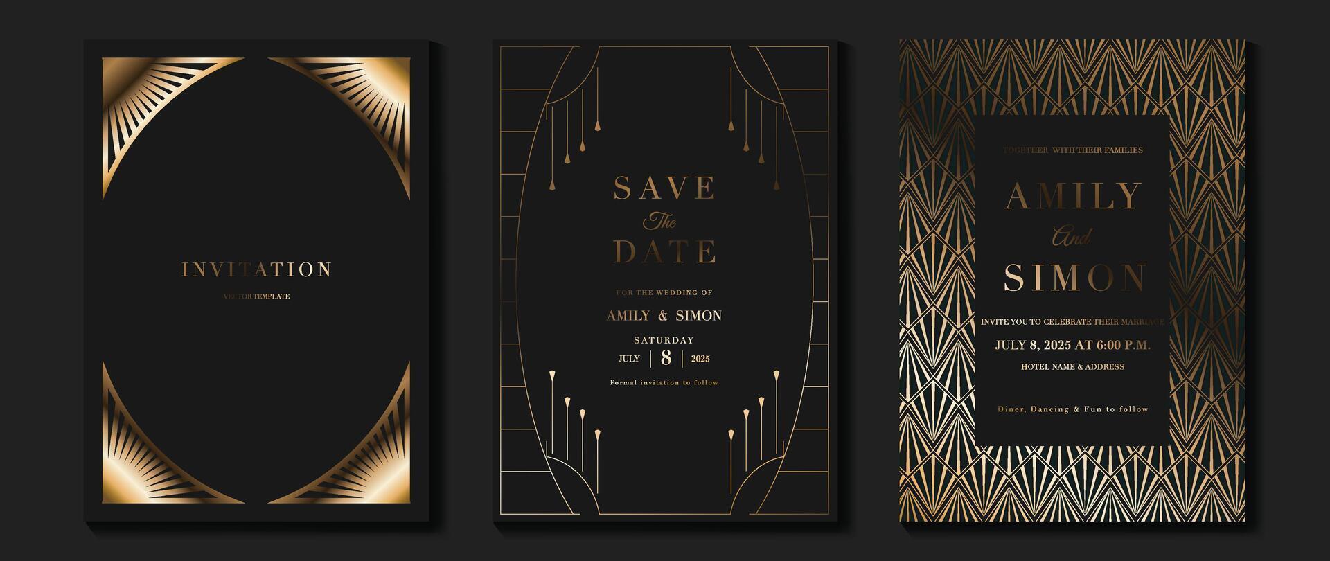 Black and gold wedding invitations vector