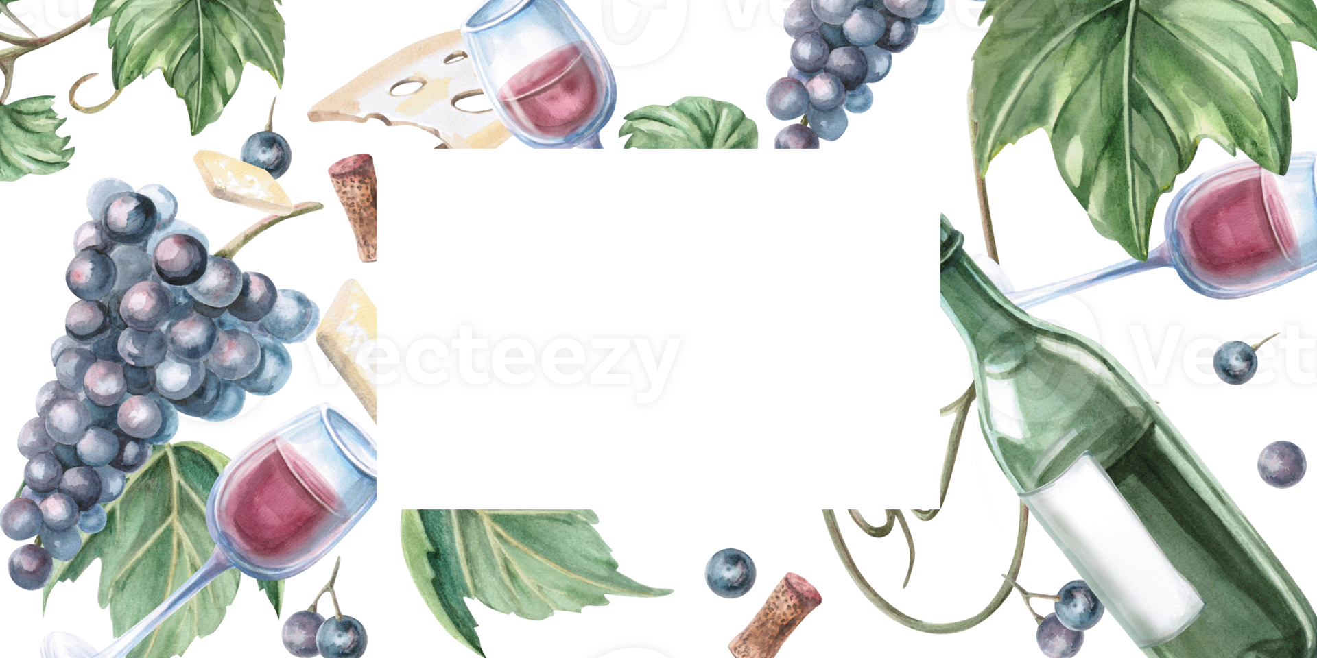Rectangular frame with chaotically arranged bottles, glasses and grapes. Isolated watercolor illustration for the design of a bar menu, printed products for Wine Day and Harvest Festival. png