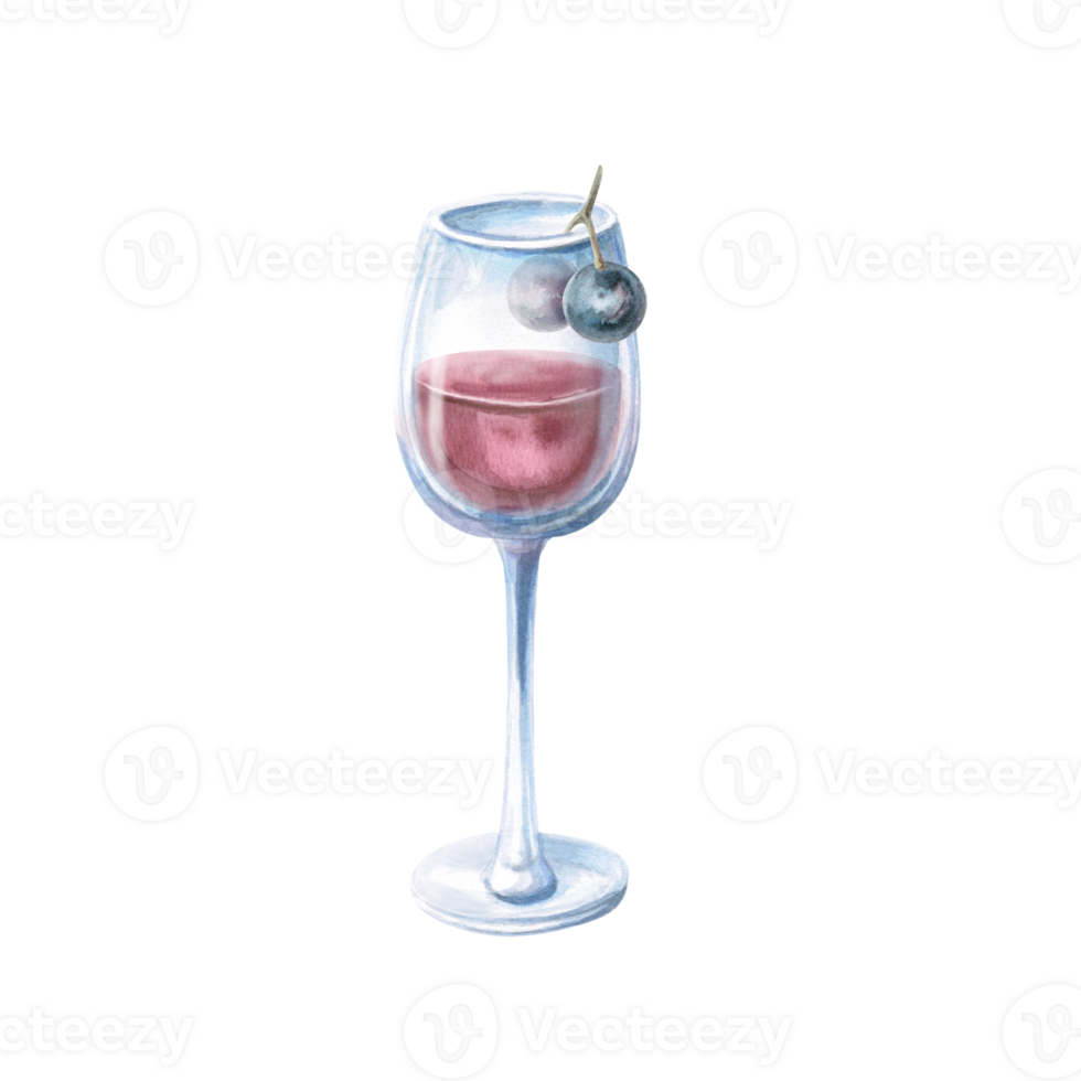 Glass of red wine with two berries inside. Isolated watercolor illustration in realistic style for bar menu design, restaurant interior, printing on alcoholic beverages, printing on textiles. png