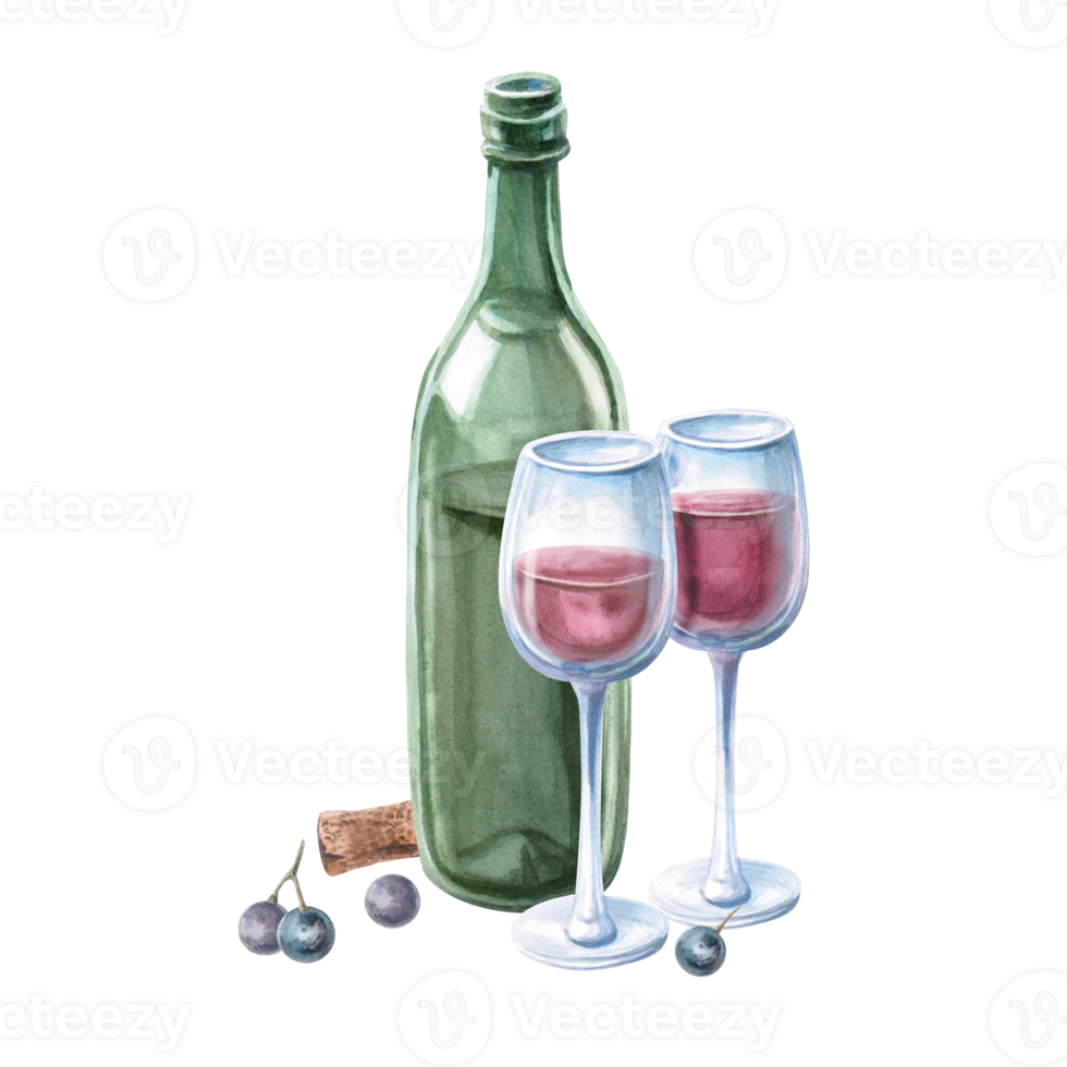 Composition of a bottle, two glasses of red wine and grapes. Isolated watercolor illustration for bar menu design, restaurant interior, printing on alcoholic beverages, printing on textiles. png