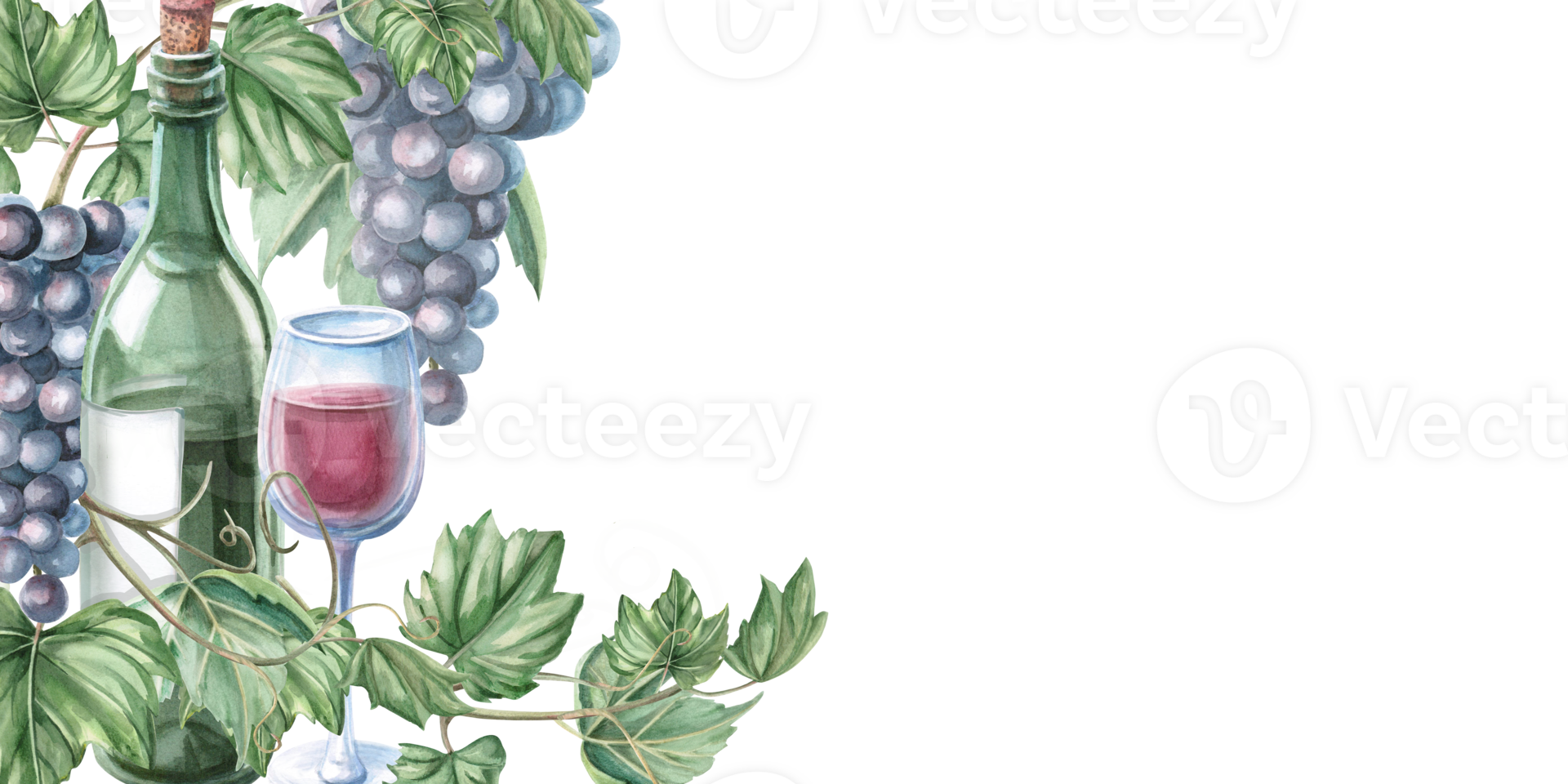 Rectangular frame with a bottle and glasses against the background of bunches of ripe grapes. Isolated watercolor illustration for the design of printed products for Wine Day and the harvest festival. png