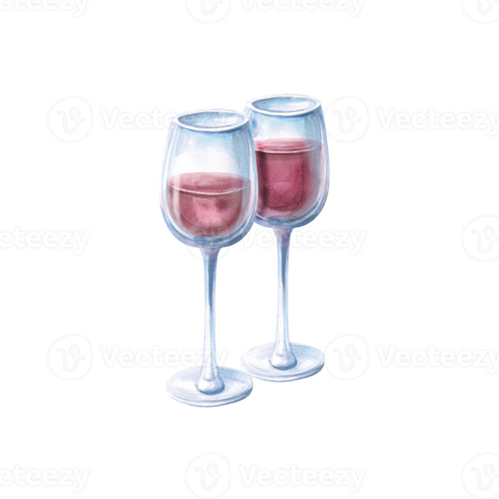 Composition of two glasses of red wine. Isolated watercolor illustration for bar menu design, restaurant interior, printing on alcoholic products, printing on textiles and posters. png