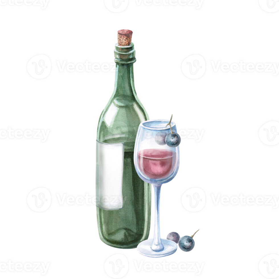Glass of red wine, bottle and grapes. Isolated watercolor illustration in realistic style for bar menu design, restaurant interior, printing on alcoholic beverages, printing on textiles png