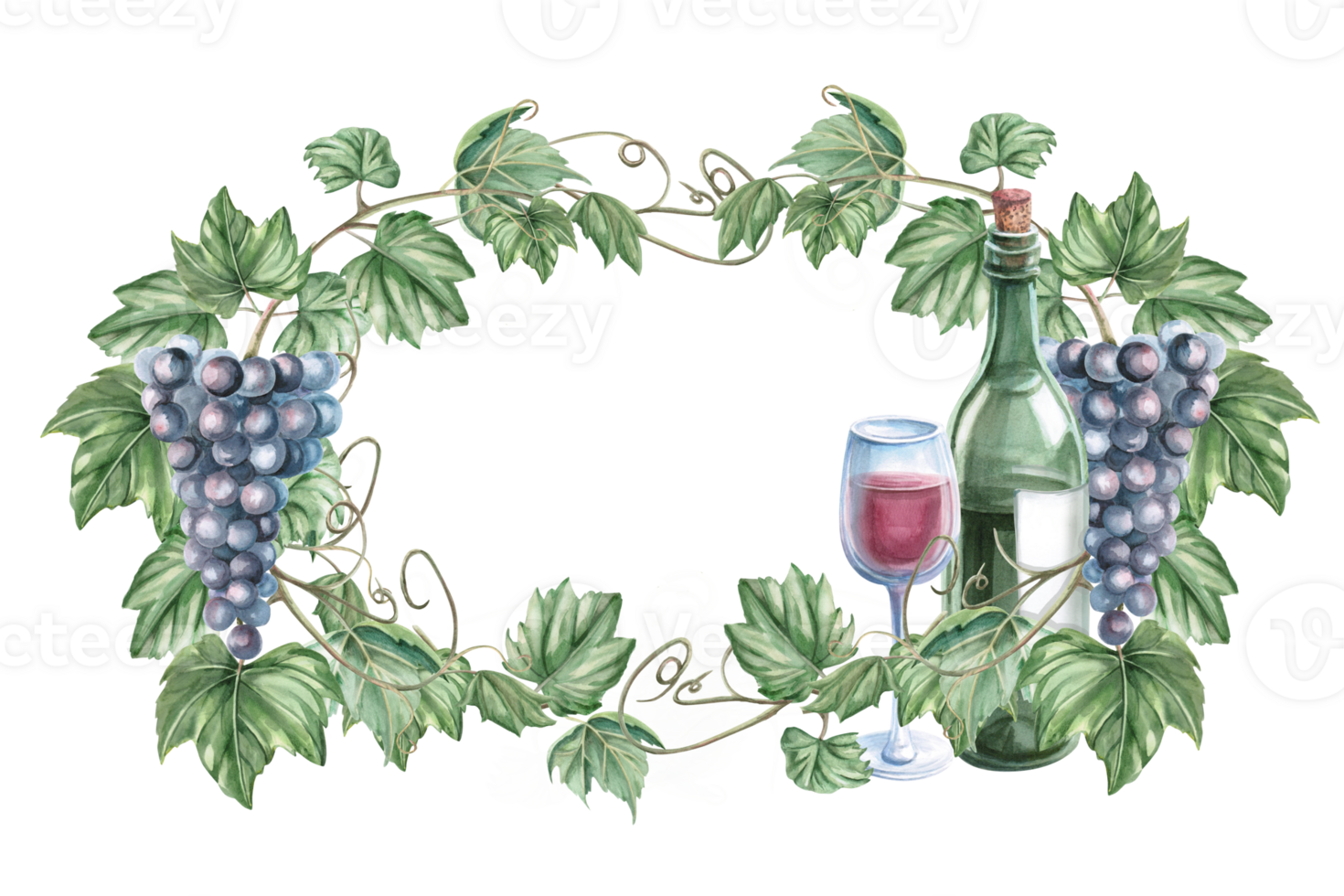 Oval frame with grapevine, bunch of ripe grapes and bottle of wine. Isolated watercolor illustration in realistic style for restaurant menu design, bar interior, textile printing. png