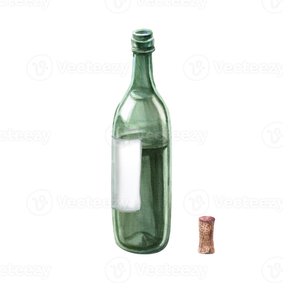 Wine bottle and cork set. Isolated watercolor illustration in realistic style for bar menu design, restaurant interior, culinary magazines, poster and packaging printing. png