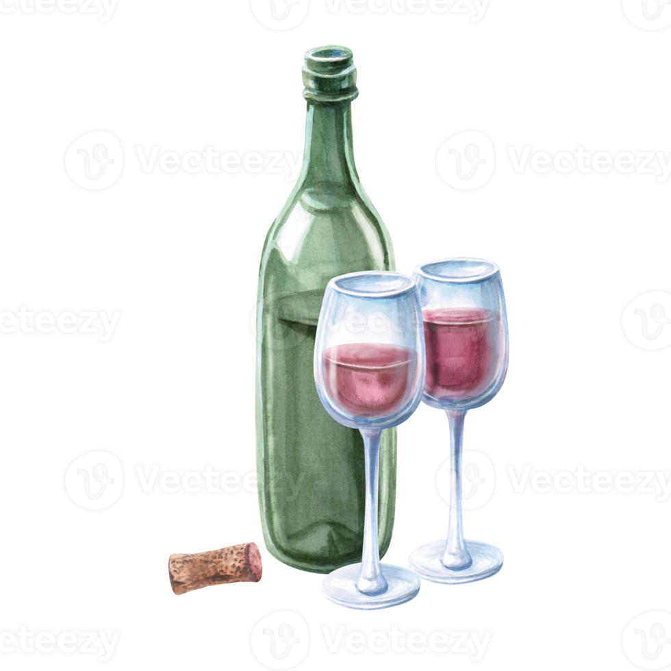 Composition of a bottle and two glasses of red wine. Isolated watercolor illustration for bar menu design, restaurant interior, printing on alcoholic beverages, printing on textiles and posters. png