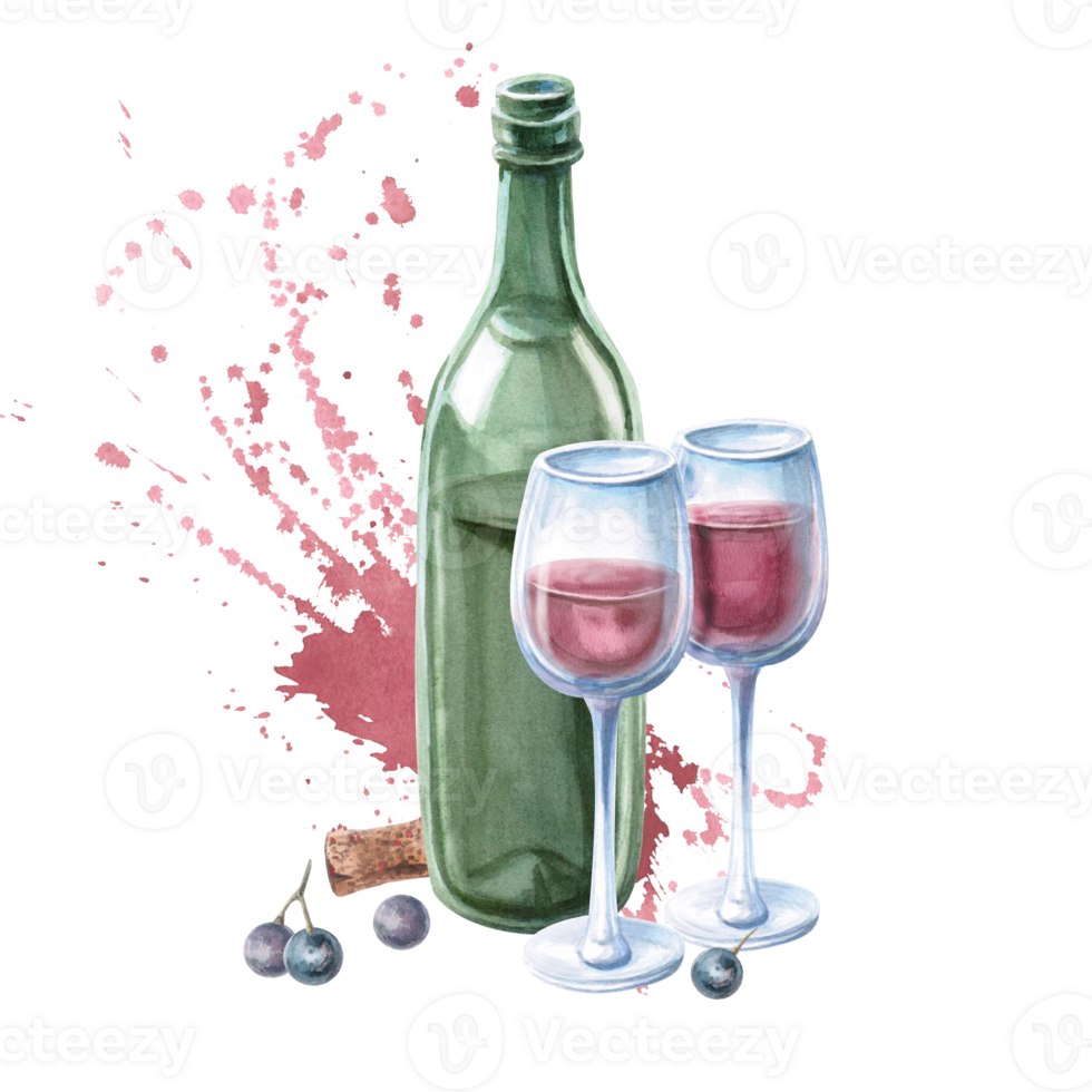 Composition of a bottle, glasses of red wine and bright splashes. Isolated watercolor illustration for bar menu design, restaurant interior, printing on alcoholic beverages, printing on textiles. png