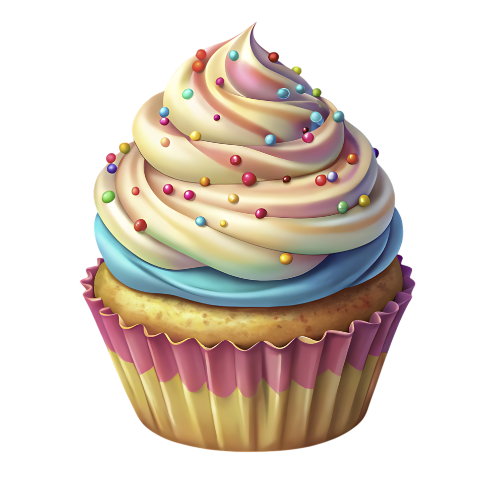Deliciously decorated swirled frosting cupcake with colorful sprinkles isolated on transparent background png