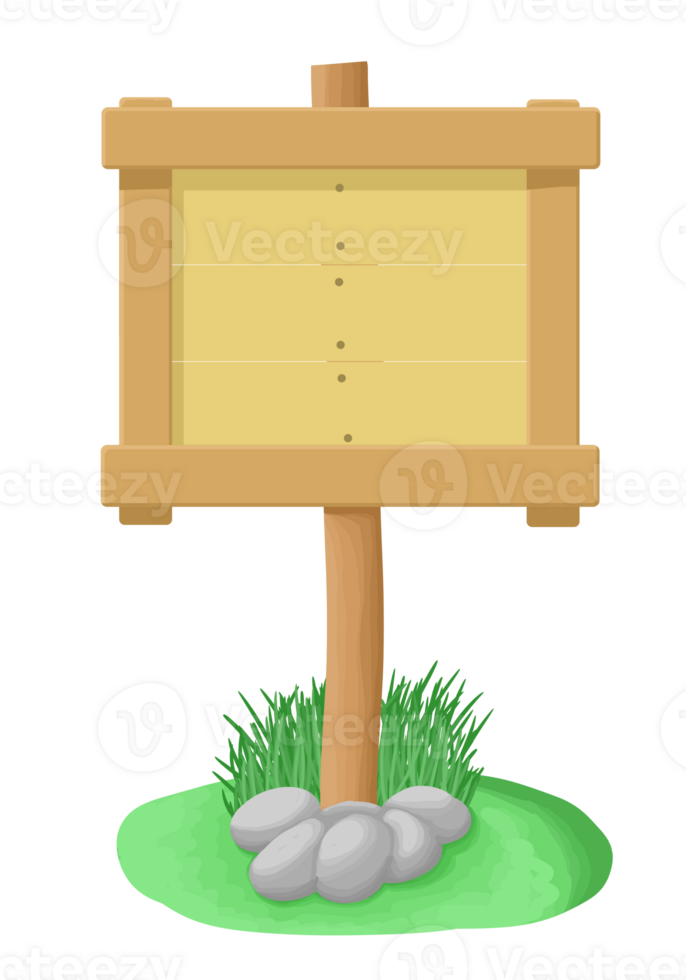 Framed wooden sign with three planks and rock base with grass. png