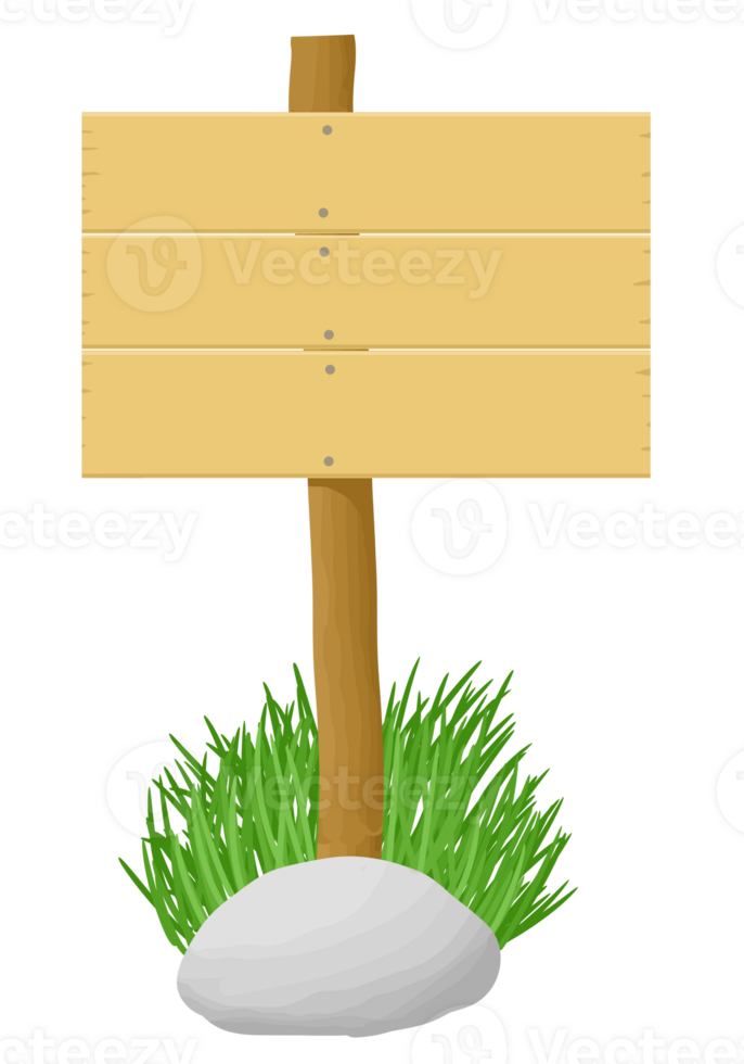 Simple wooden sign with three planks and single rock with grass. png