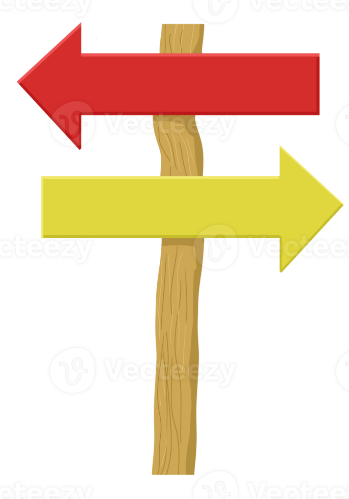 Red and yellow arrow signs on a wooden post. png