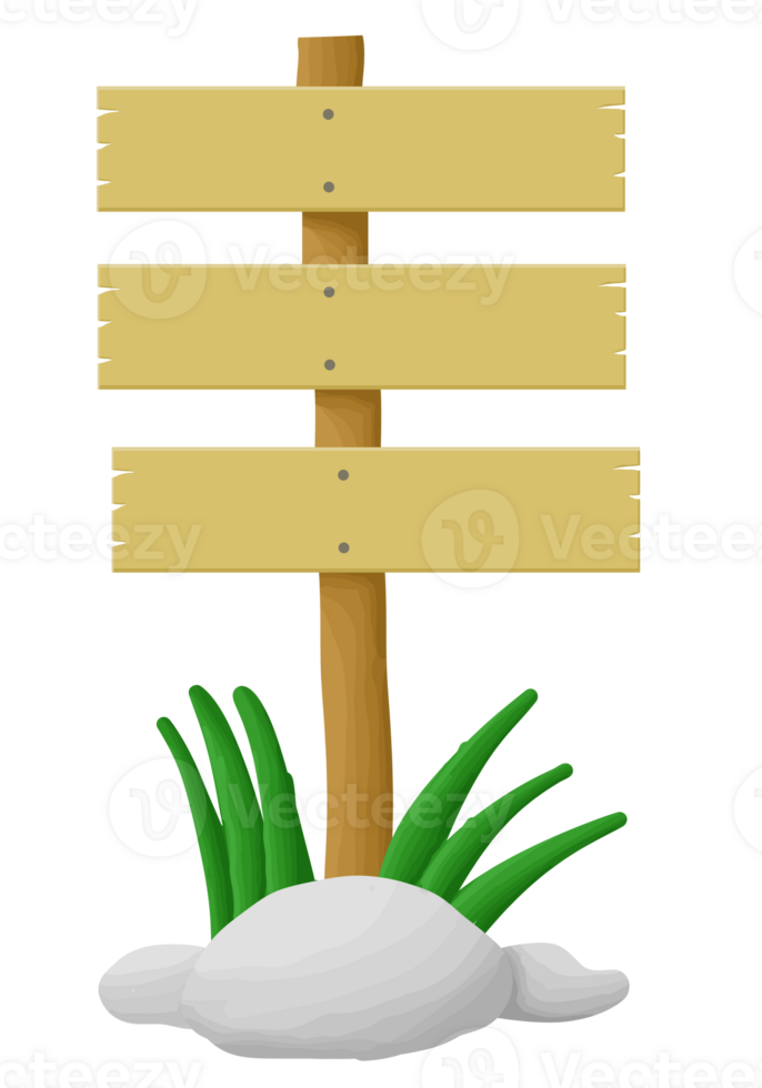 Three wooden planks on a post with rocks and tall grass. png