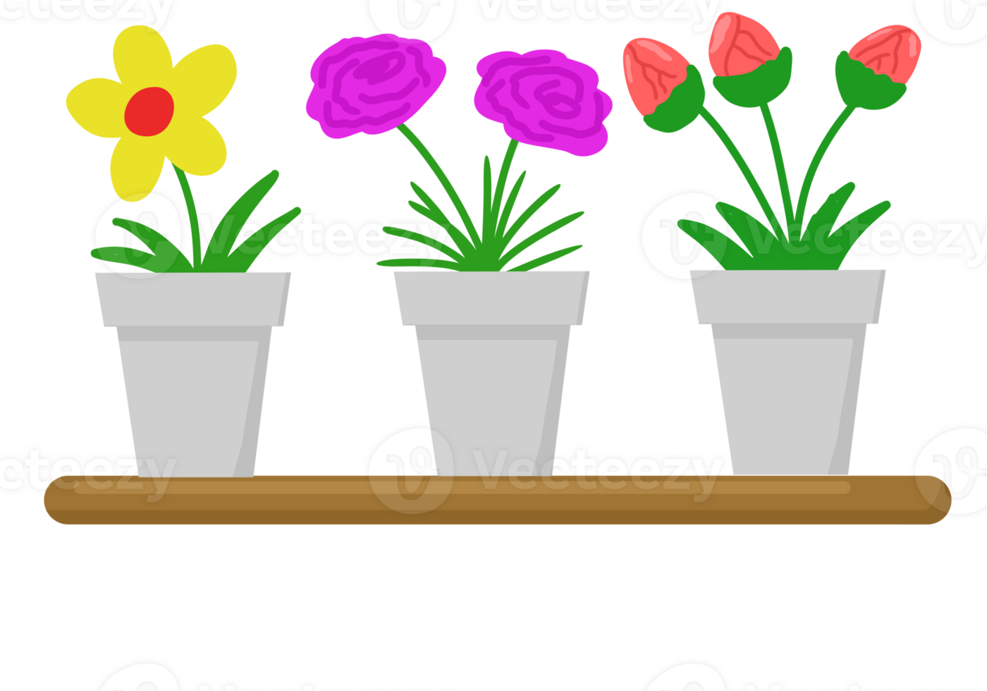 Three Potted Flowers on Shelf Yellow, Purple, Red Buds png