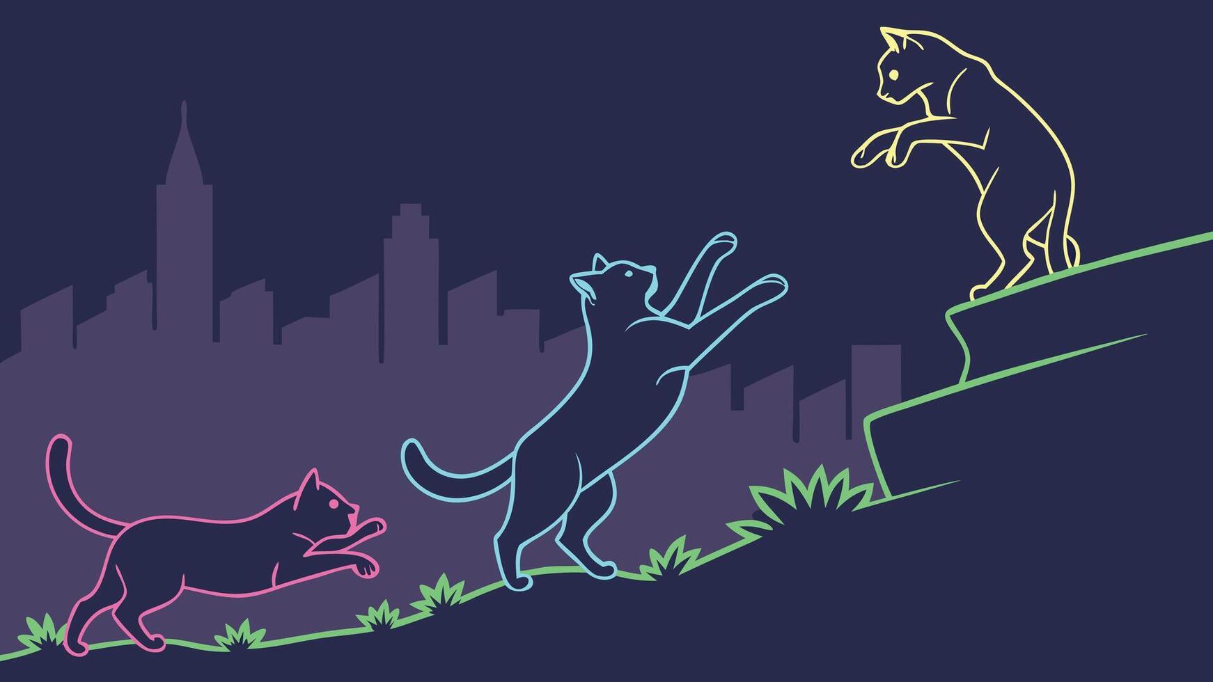 Three cats are playing on a hill in front of a city vector