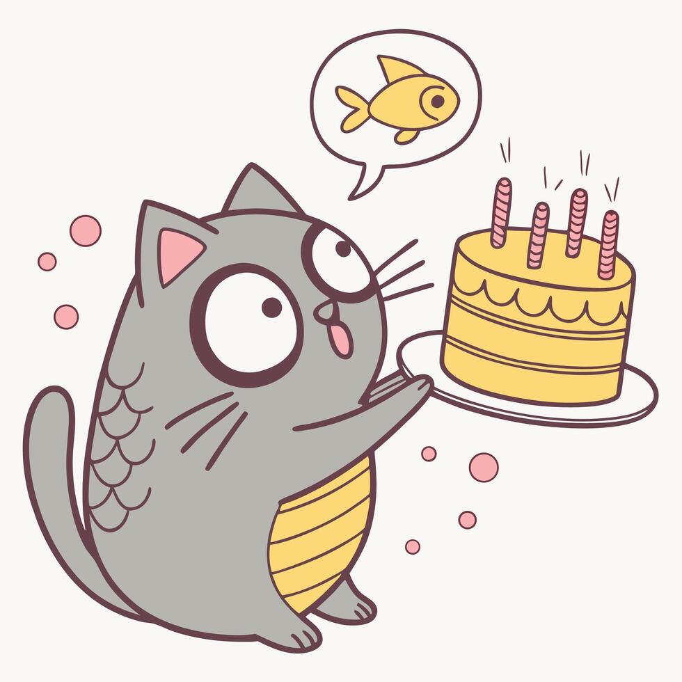A cartoon cat holding a cake with a fish on it vector