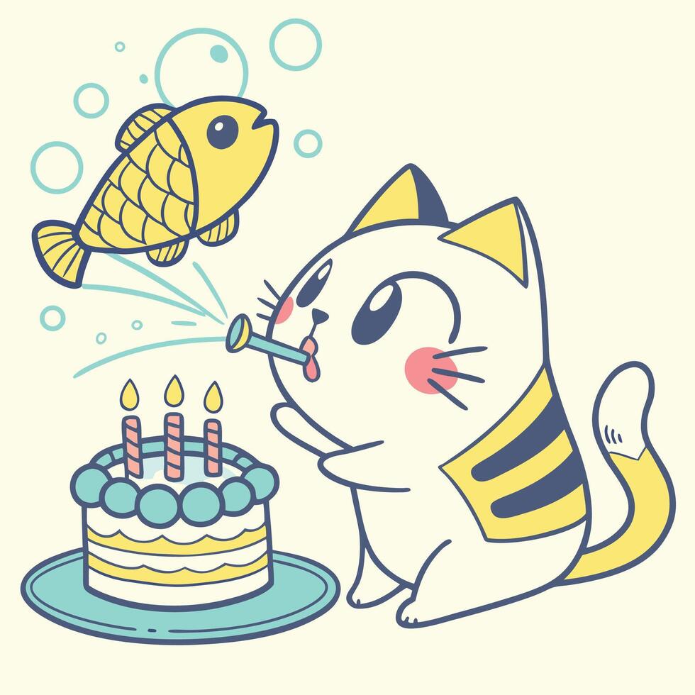 A cat blowing out a candle on a cake with a fish vector