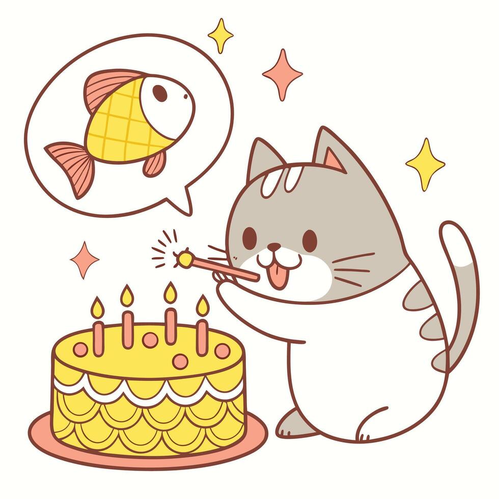 A cat is blowing out candles on a cake with a fish vector