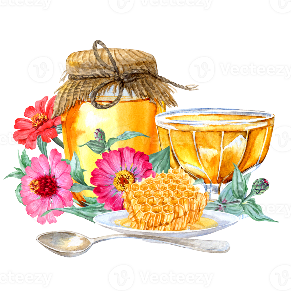 Honey and Zinnia flowers is a hand-painted watercolor composition png