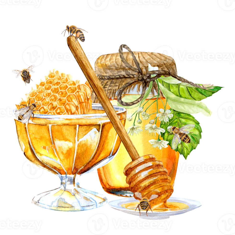 Han-painted honeycombs in a bowl with honey, honeybees, a jar of honey and a spoon for honey on a saucer png