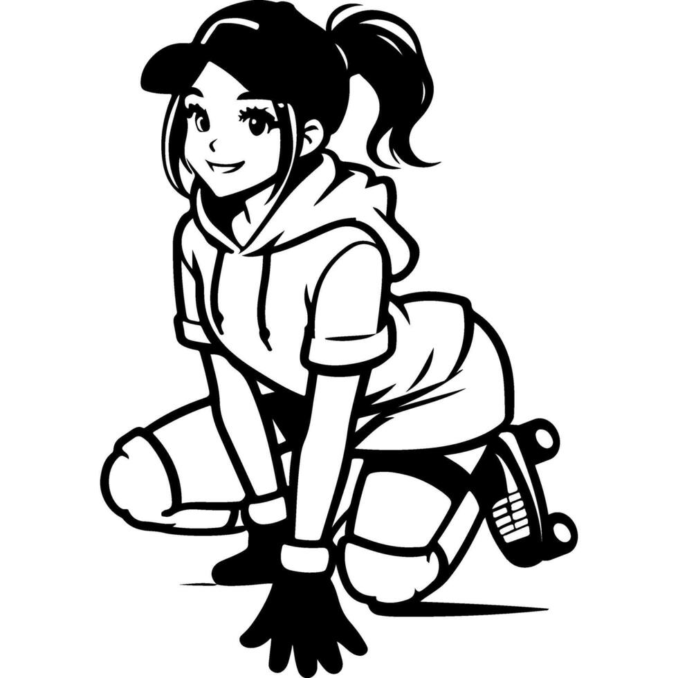 Beginner athlete girl tries to get on roller skates vector