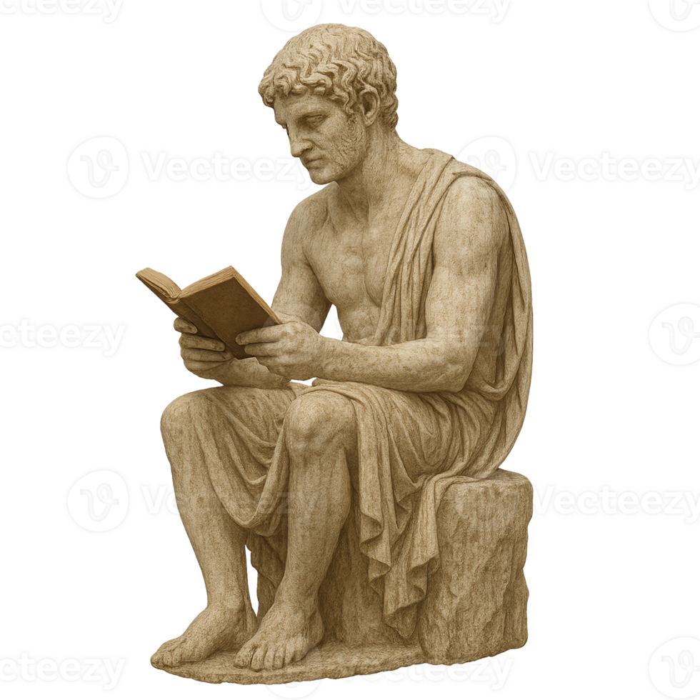 Ancient Greek statue reading a book. Ancient Roman statue reading a book. Transparent png