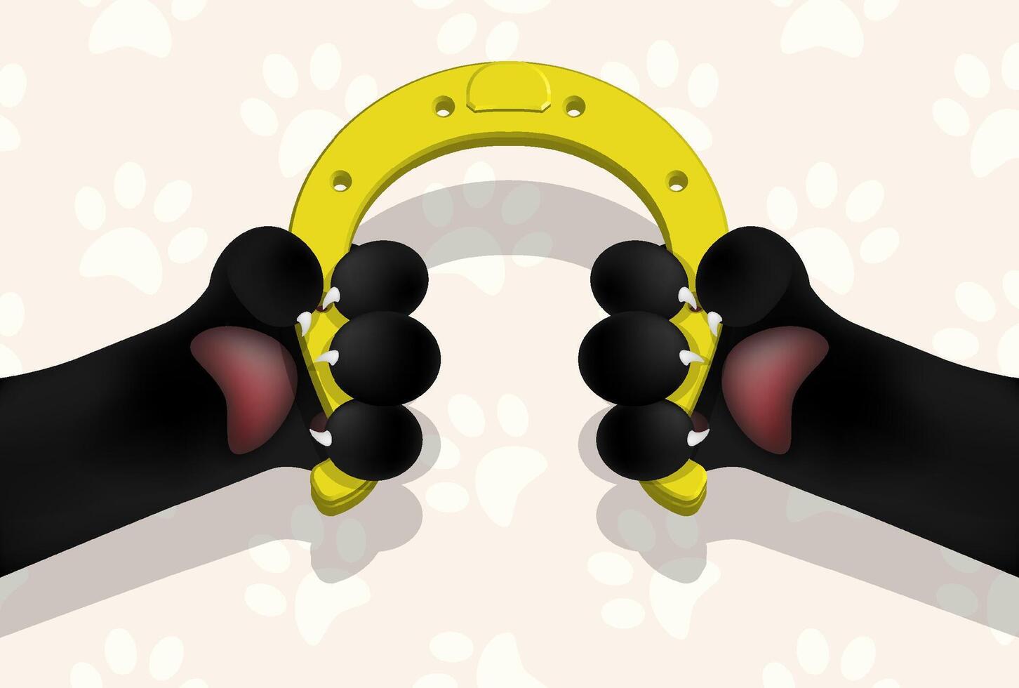 Cat paws hold a gold horseshoe for luck vector