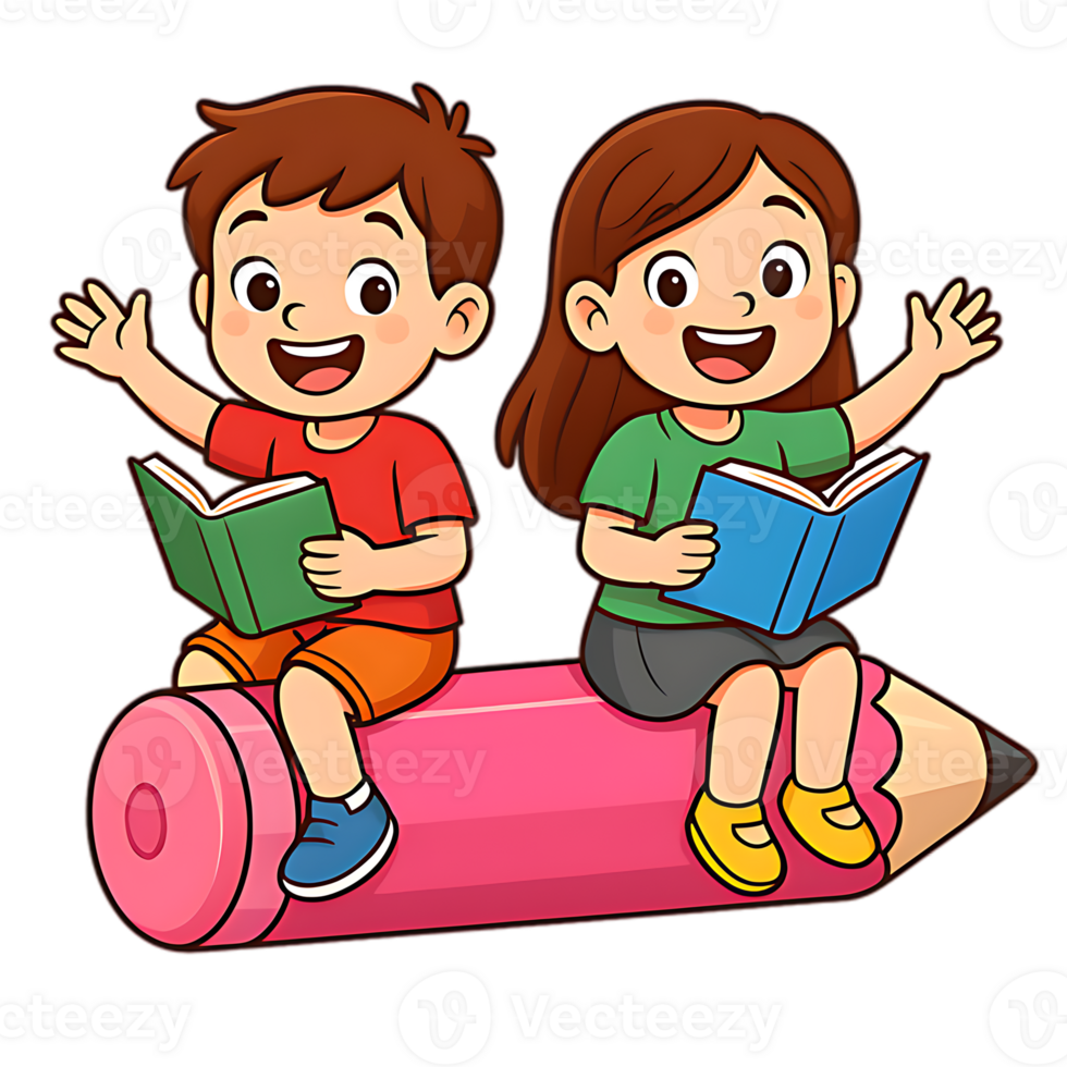 Cartoon Kids Riding Pencil with Books png