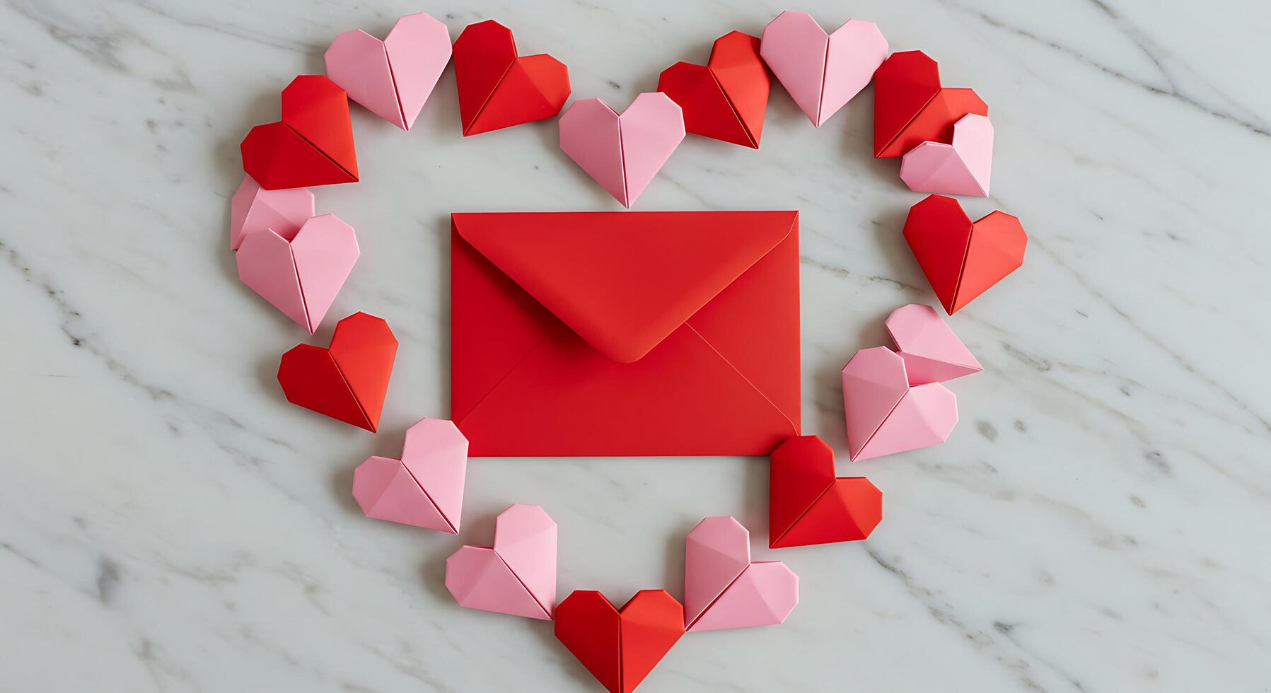 Red Envelope and Paper Hearts A Valentines Day Arrangement photo