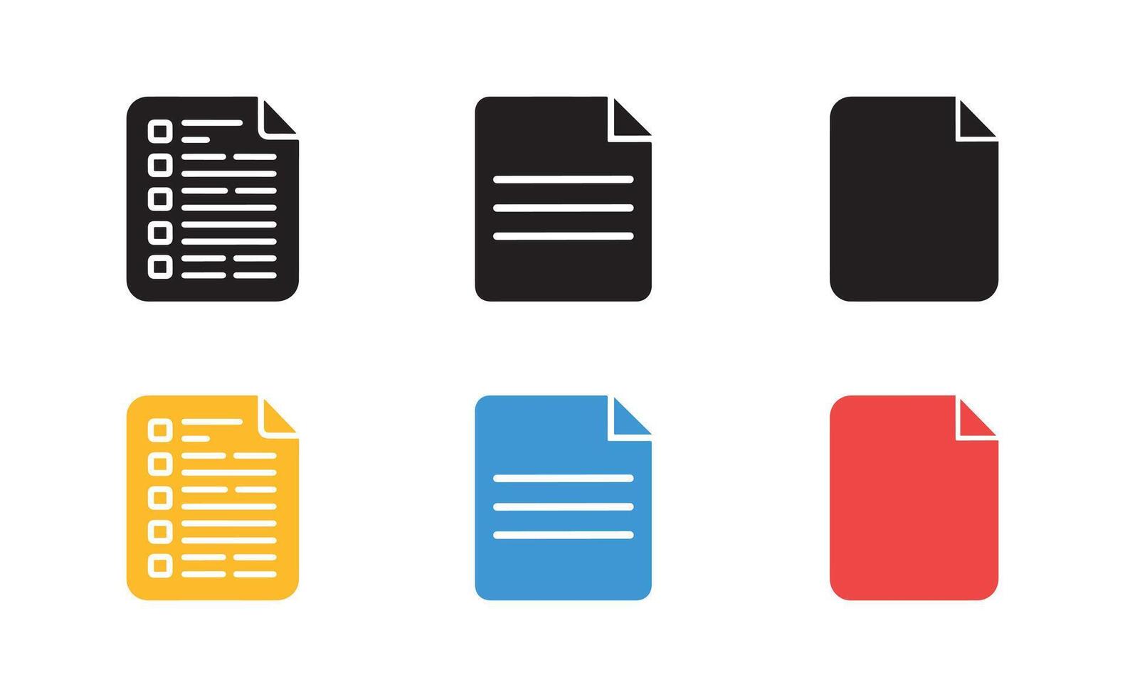 Colorful document icon set on white background showcasing black, yellow, blue, and red files vector