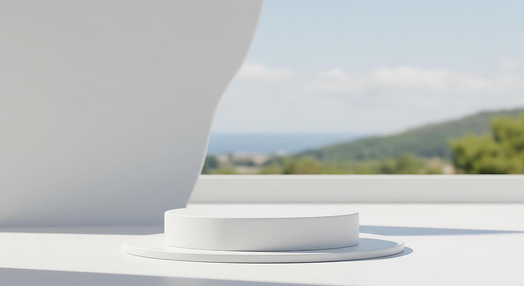 Sunlit Coastal View 3D Render of a Minimalist Product Display Platform photo